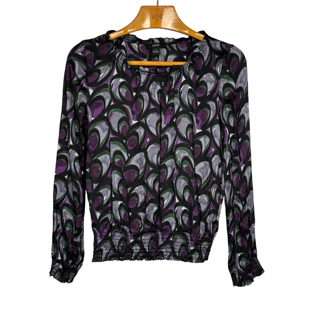 Alfani 100% Silk Blouse‎ Womens 4 Purple Green Abstract Smocked Hem Career